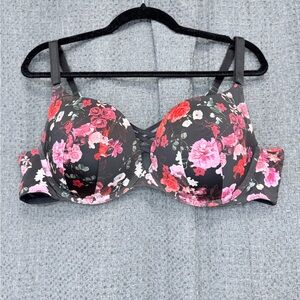 Floral Lace-Detail Push-Up Bra - Black with Pink & Red Roses